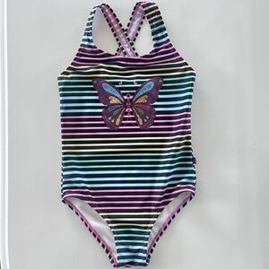 deux par deux- One Piece Swimsuit, Butterfly with Colorful Stripes, Size 5/6